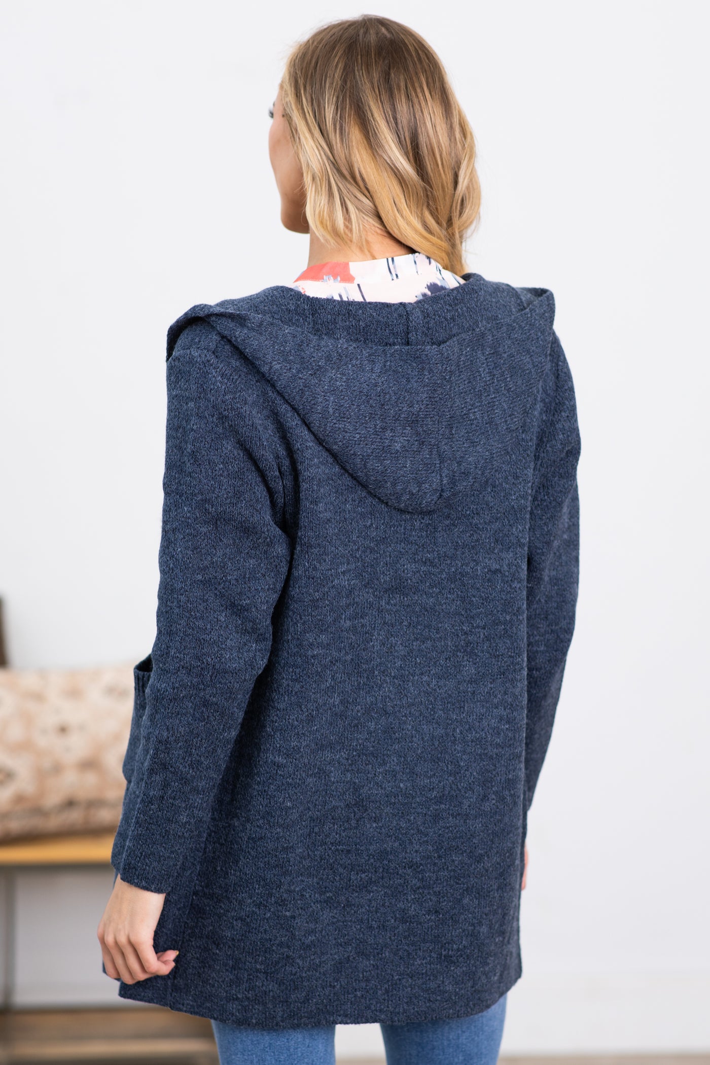 Navy Hooded Cardigan With Pockets