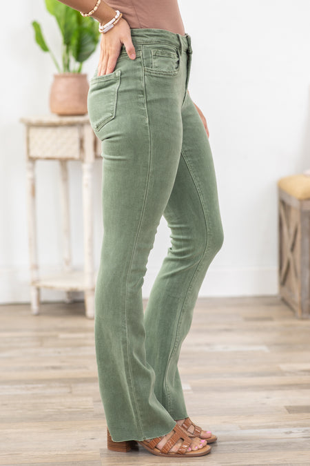 Lovervet Olive Mid Rise Raw Hem Bootcut Jeans