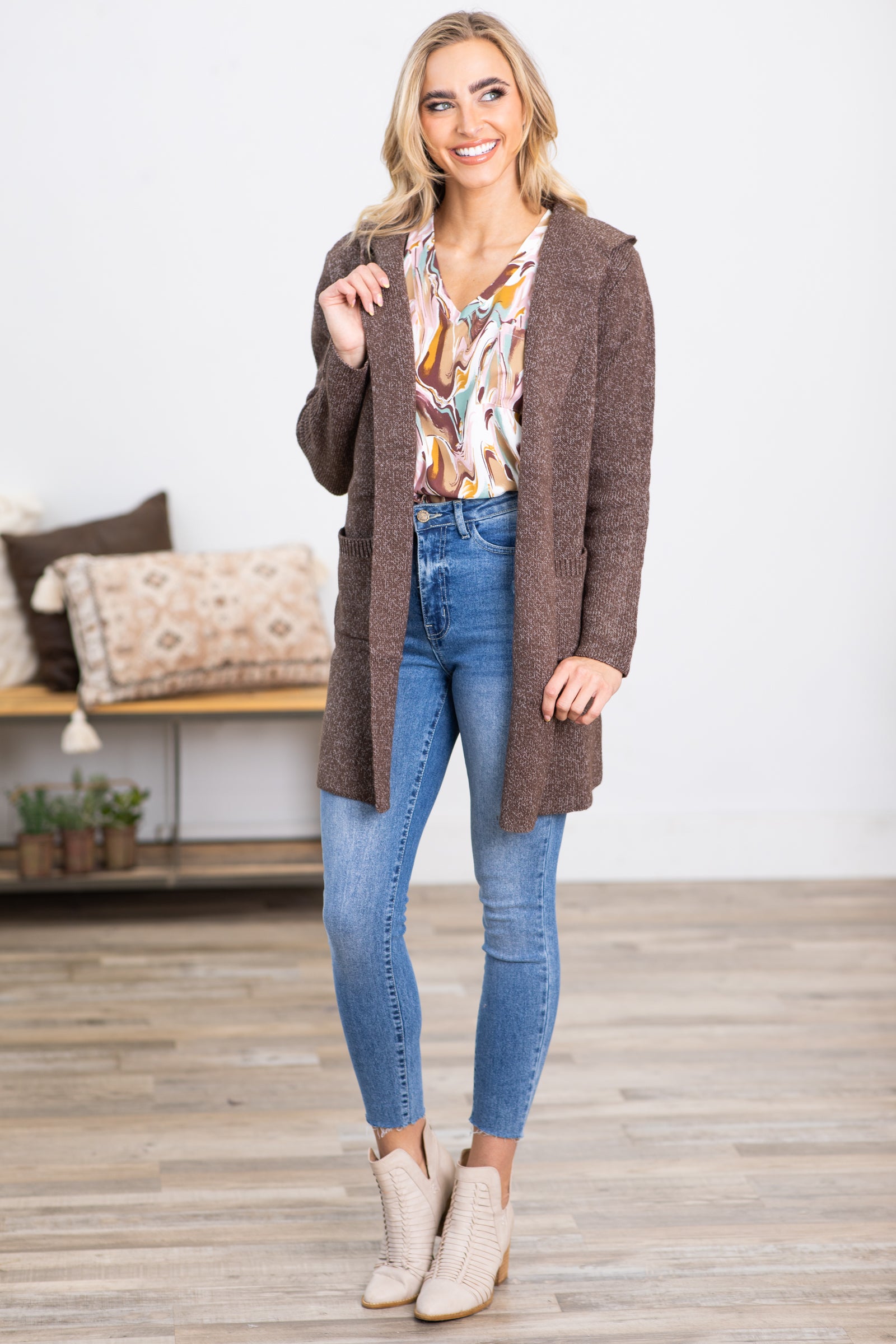 Brown hooded hot sale cardigan