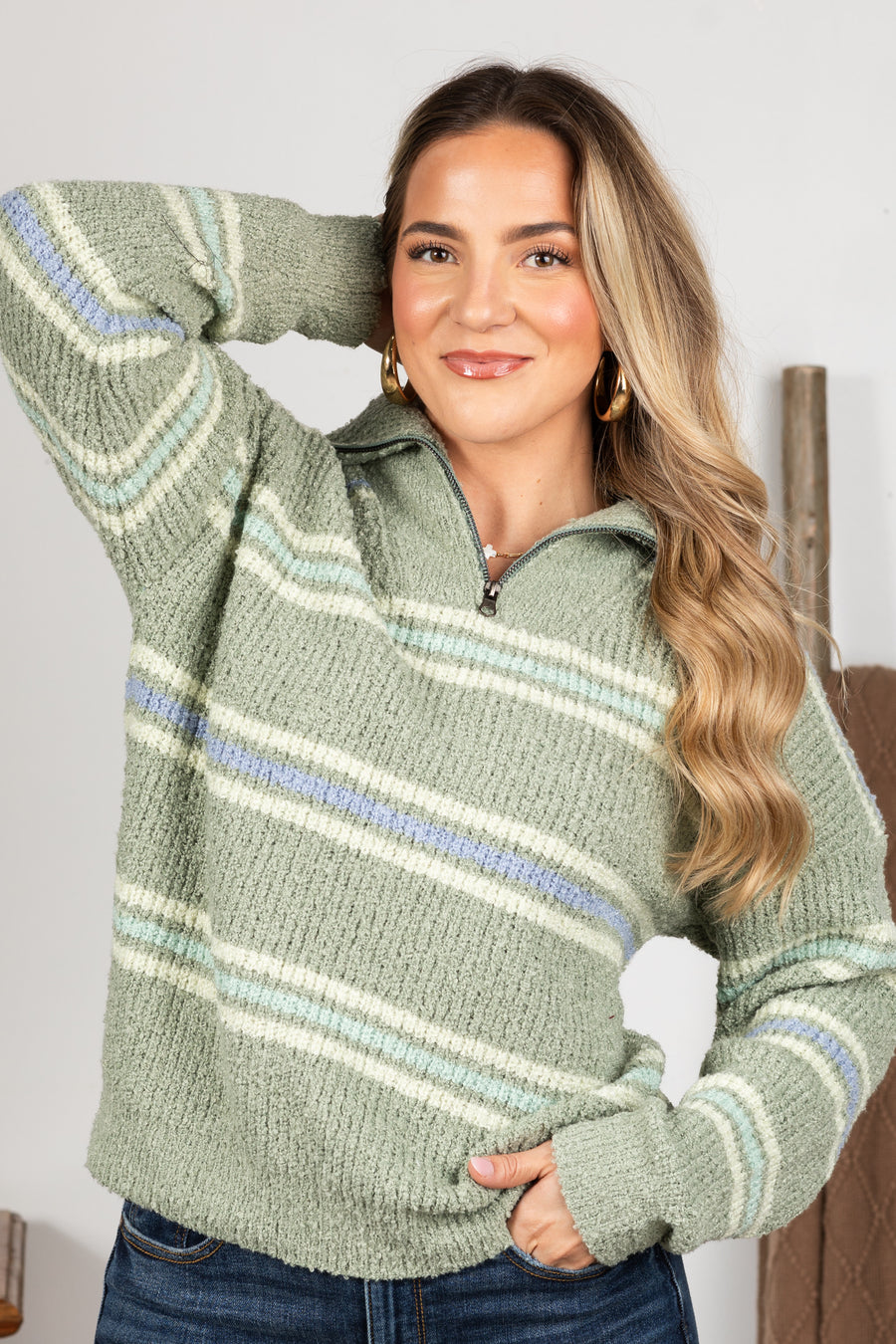 Sage Striped Half Zip Knit Sweater