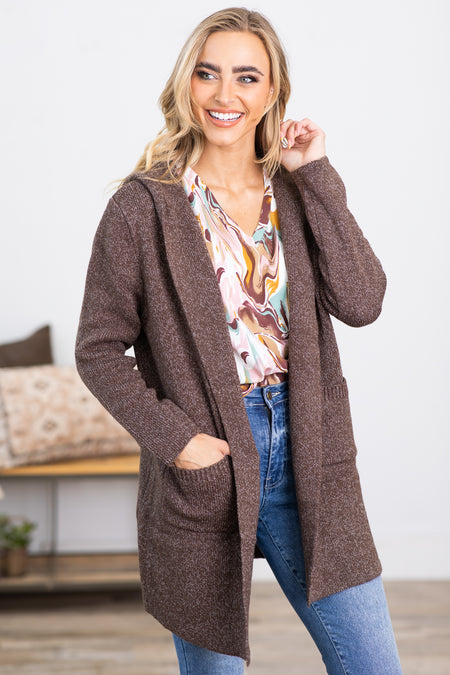 Brown Hooded Cardigan With Pockets