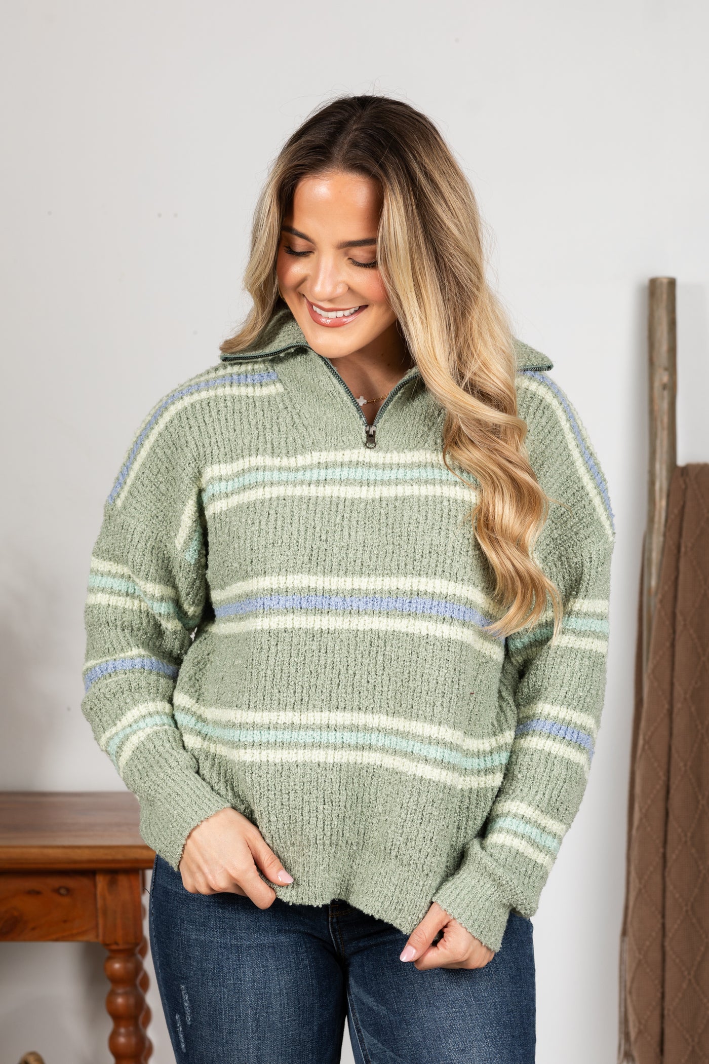 Sage Striped Half Zip Knit Sweater