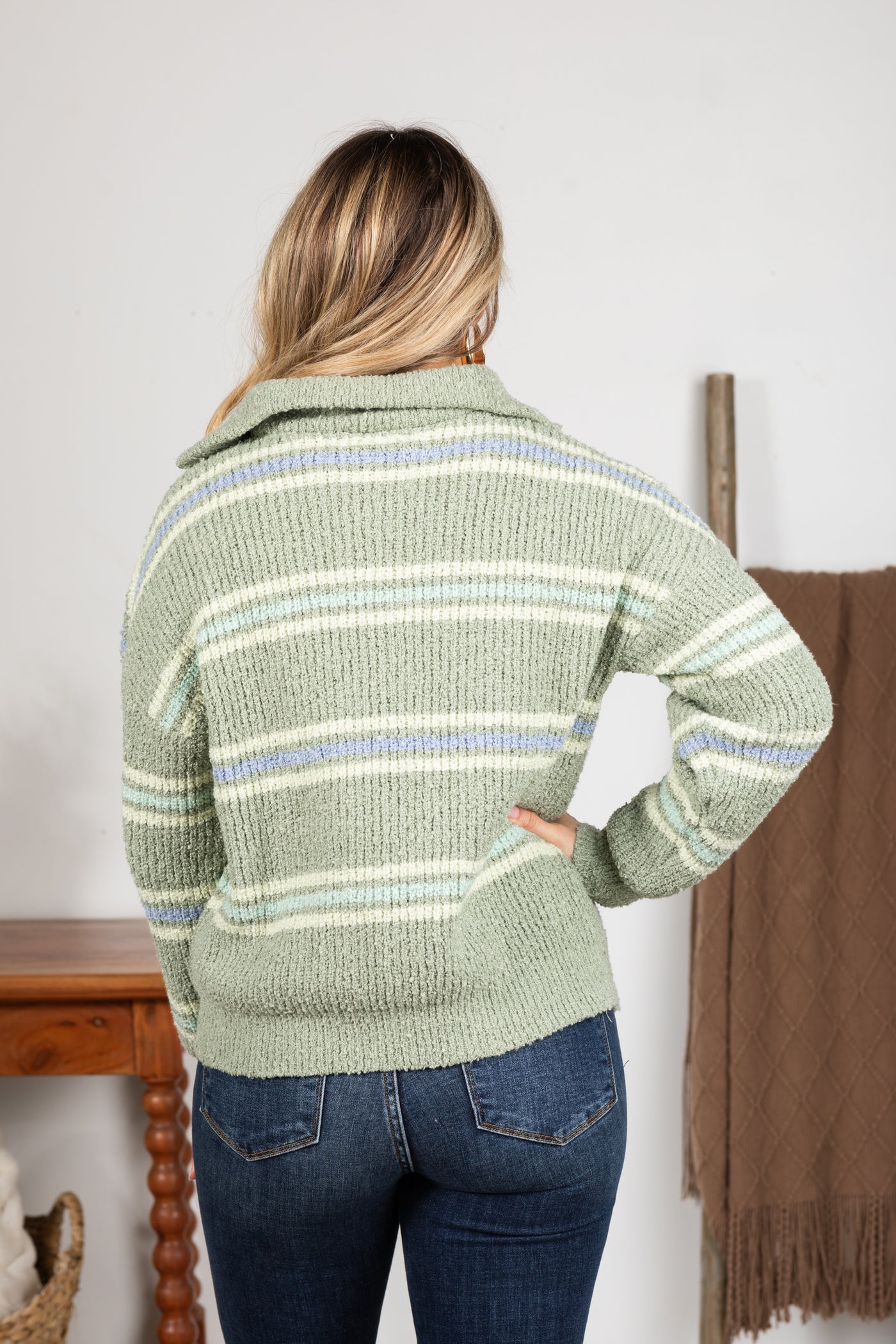 Sage Striped Half Zip Knit Sweater