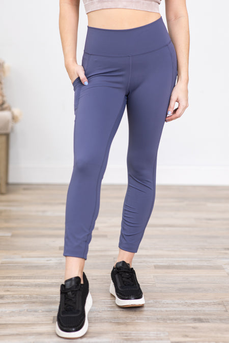 Dusty Blue Wide Waistband Leggings With Pocket