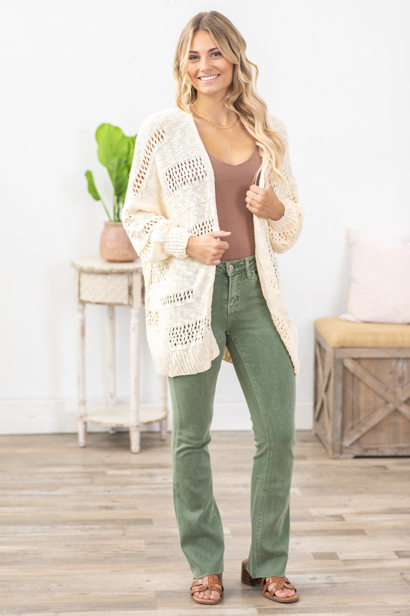 Beige Casual Hollowed Dolman Sleeve Cardigan