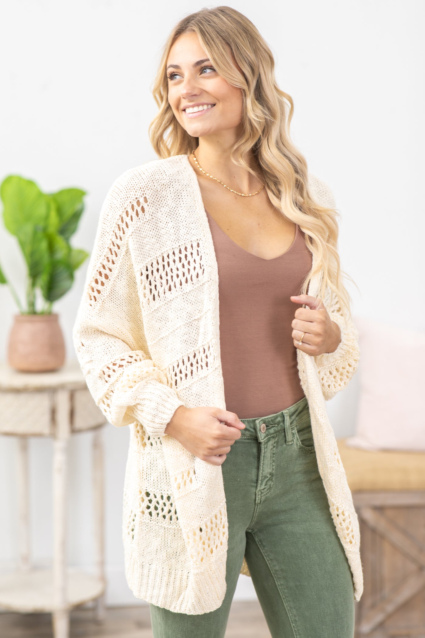 Beige Casual Hollowed Dolman Sleeve Cardigan