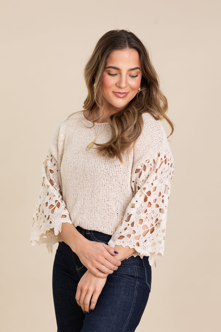 Sand Flower Sleeve Detail Knit Top