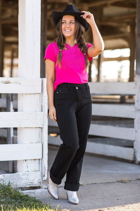 Hot Pink Rhinestone Studded Top With Cutouts - Filly Flair