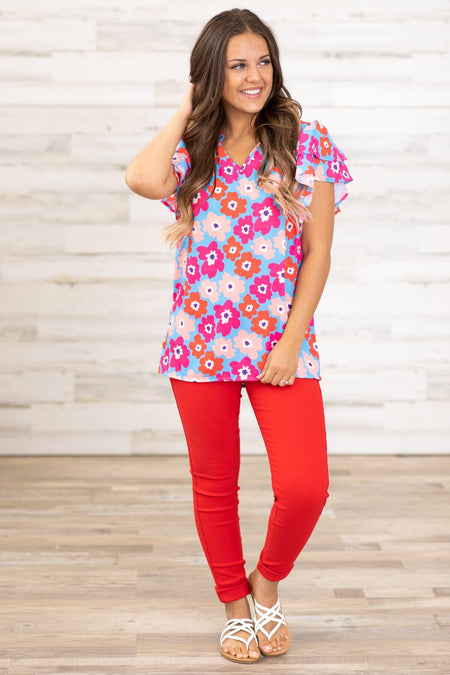 Hot Pink and Cornflower Floral Print Top - Filly Flair