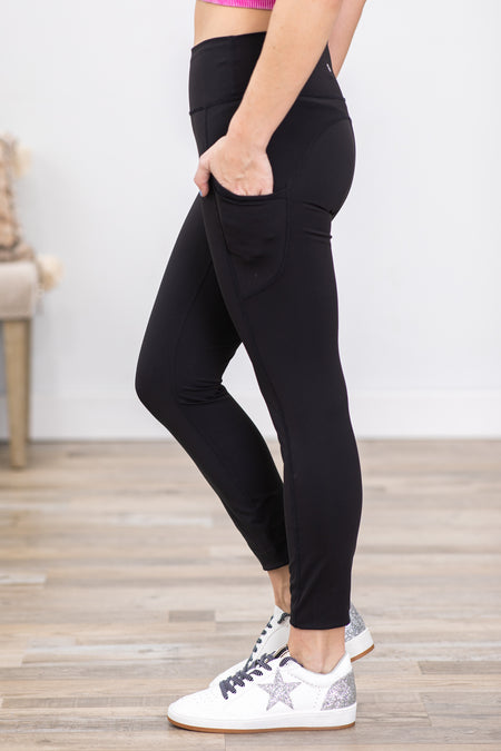 Black Wide Waistband Leggings With Pocket