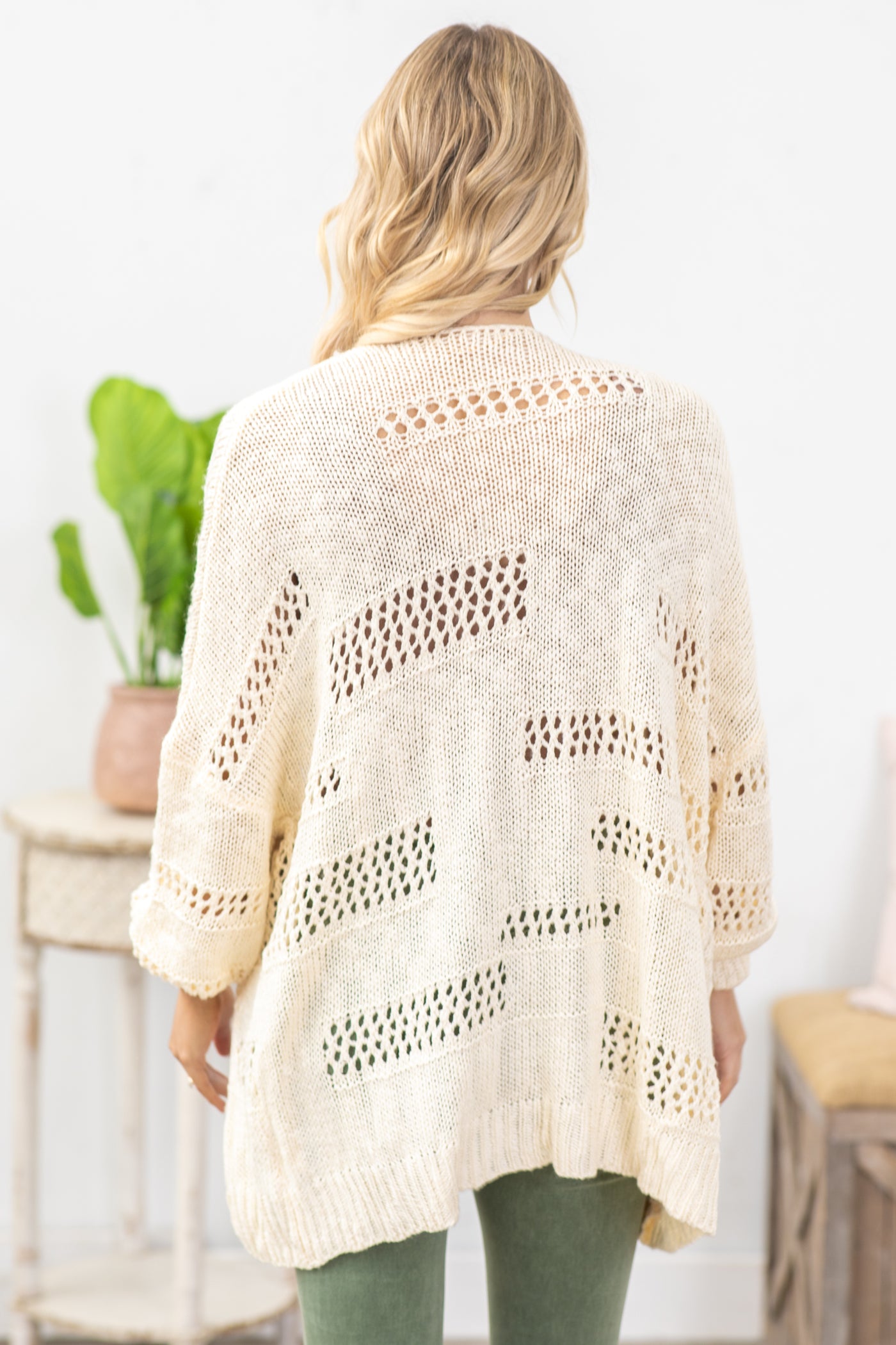 Beige Casual Hollowed Dolman Sleeve Cardigan