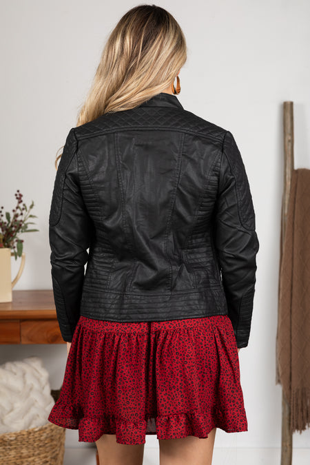 Faux Leather Jacket With Quilted Detail