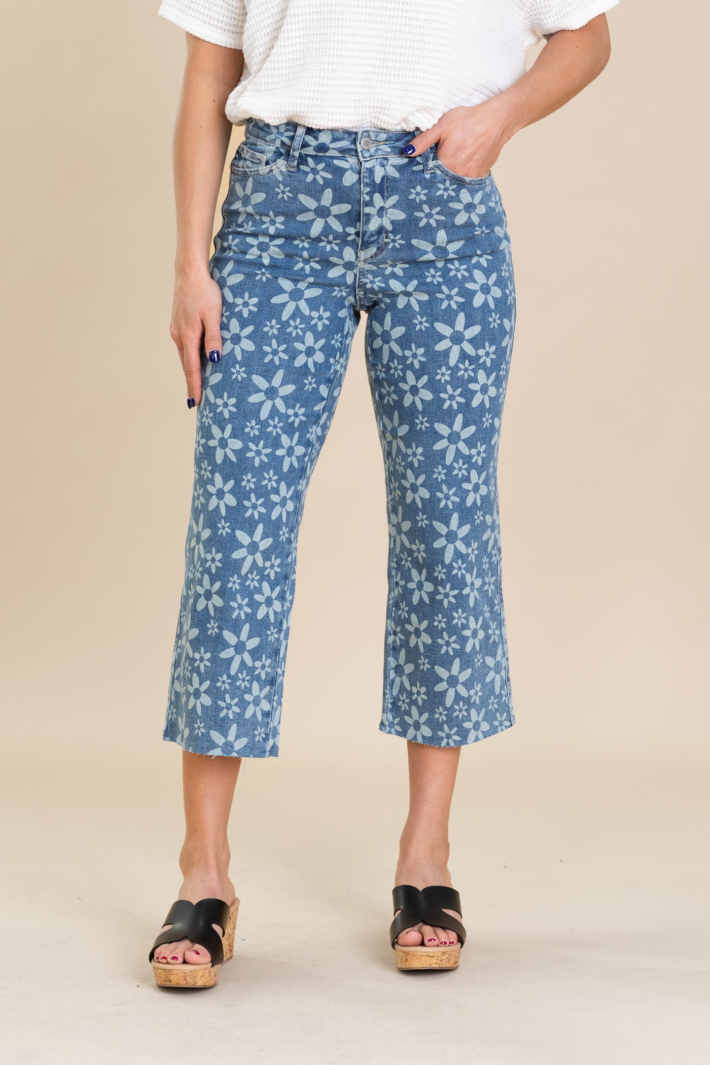 Judy Blue Flower Print Crop Wide Jeans