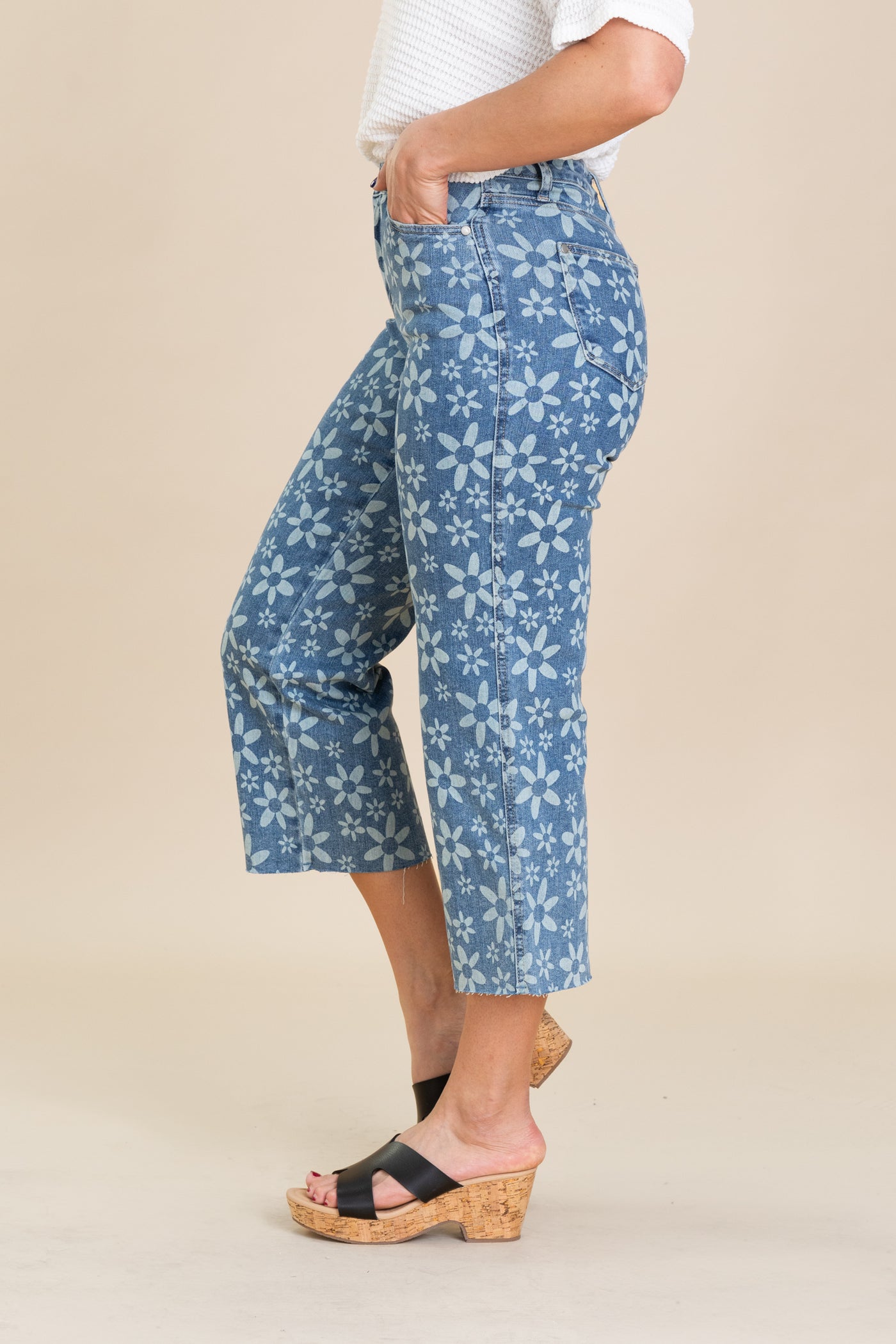 Judy Blue Flower Print Crop Wide Jeans