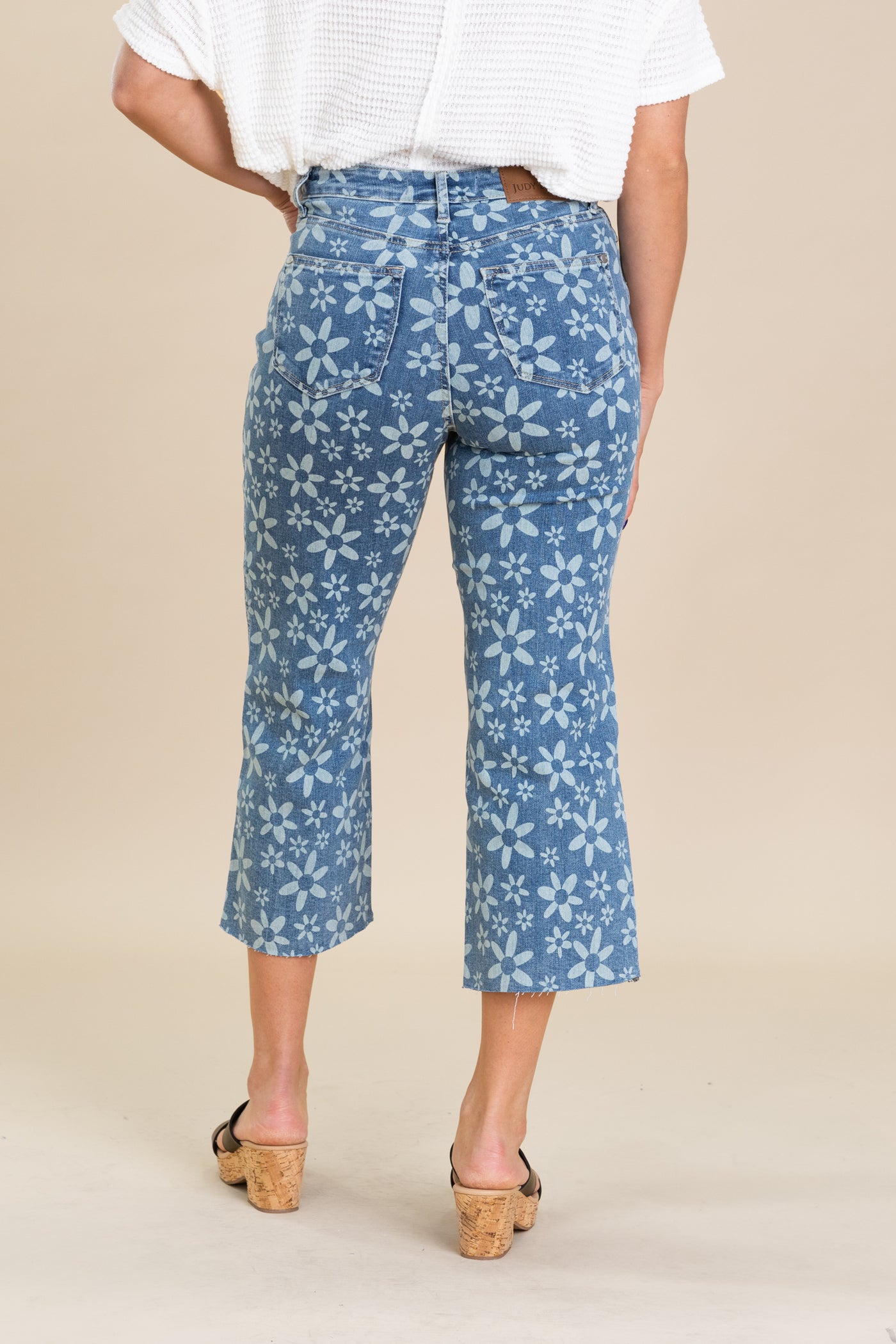 Judy Blue Flower Print Crop Wide Jeans