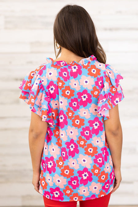 Hot Pink and Cornflower Floral Print Top - Filly Flair