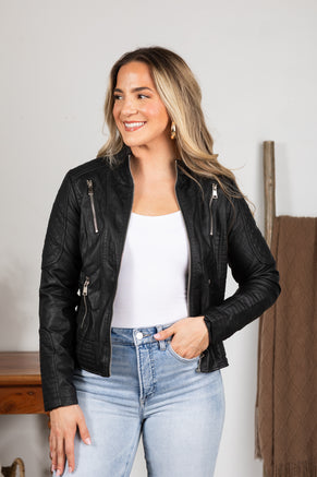 Faux Leather Jacket With Quilted Detail