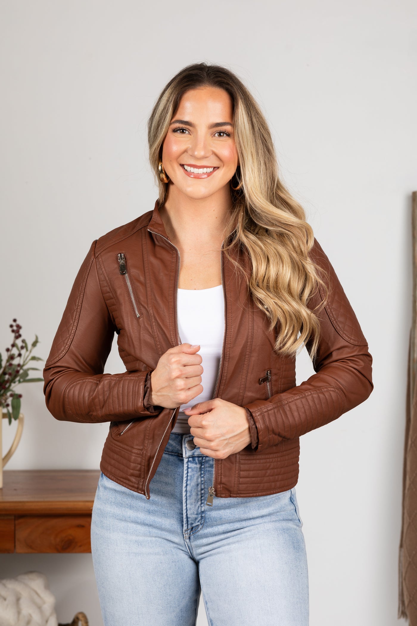 Faux Leather Jacket With Quilted Detail