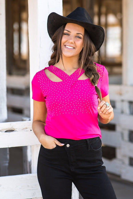 Hot Pink Rhinestone Studded Top With Cutouts - Filly Flair