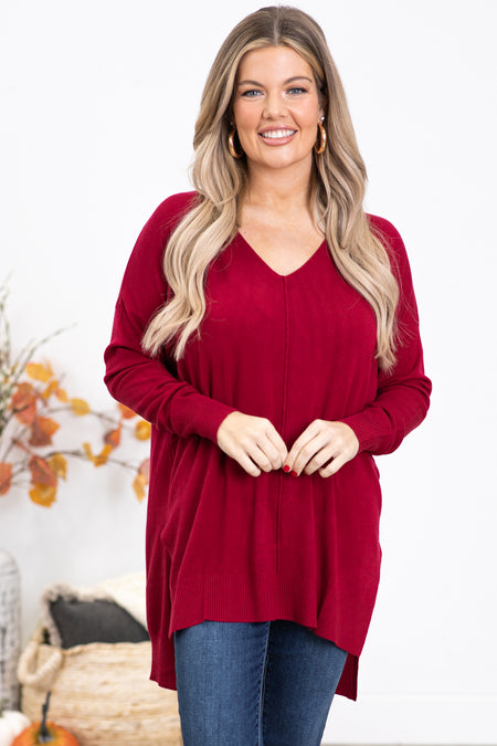 Burgundy V-Neck Lightweight Sweater