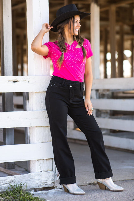 Hot Pink Rhinestone Studded Top With Cutouts - Filly Flair