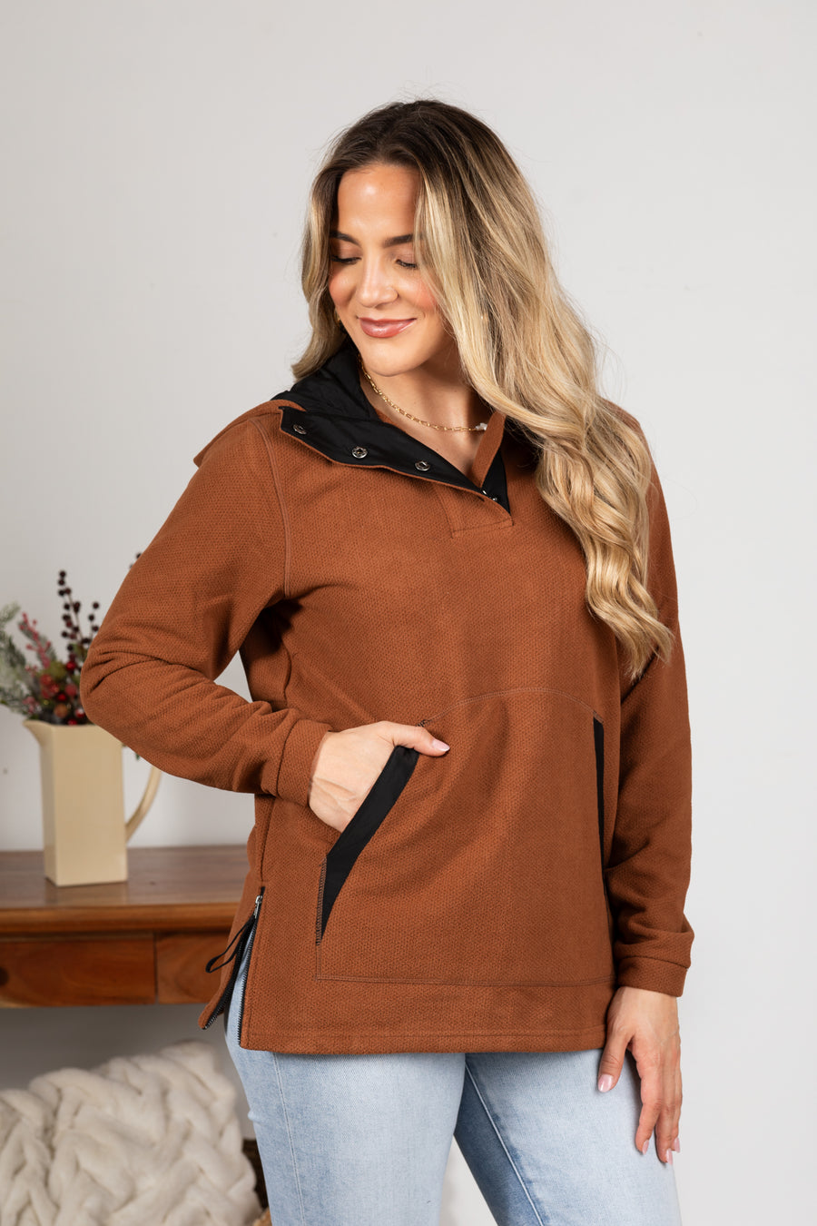 Dark Cinnamon And Black Fleece Pullover Hoodie