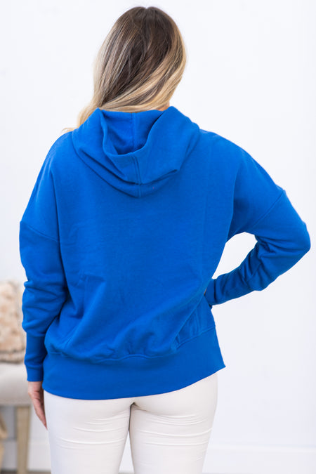 Blue Half Button Fleece Hooded Pullover