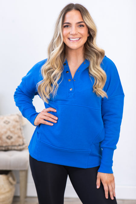 Bright Blue Half Button Fleece Hooded Pullover