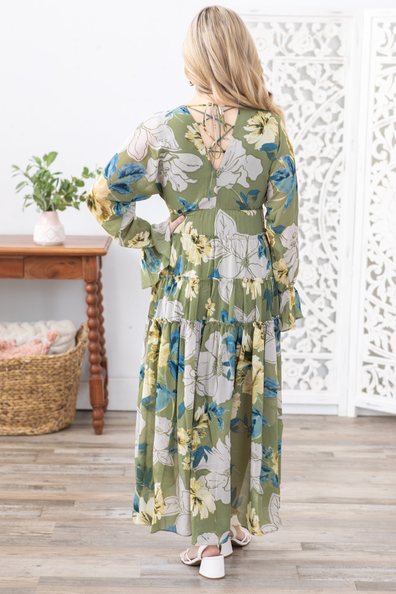 Olive Floral V-Neck Long Sleeve Maxi Dress · Filly Flair