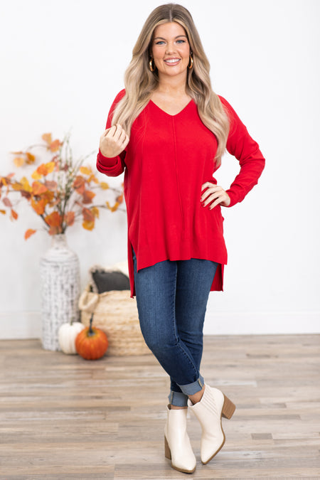 Red V-Neck Lightweight Sweater