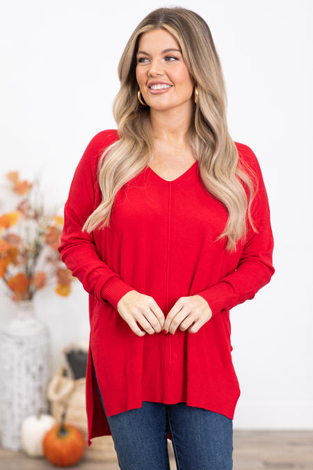 Red V-Neck Lightweight Sweater