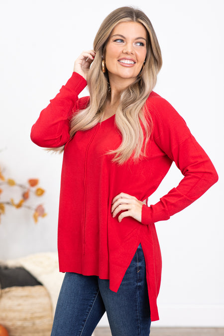 Red V-Neck Lightweight Sweater