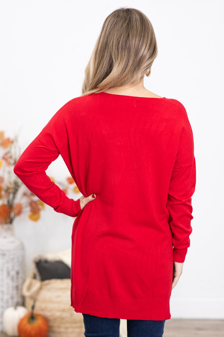 Red V-Neck Lightweight Sweater