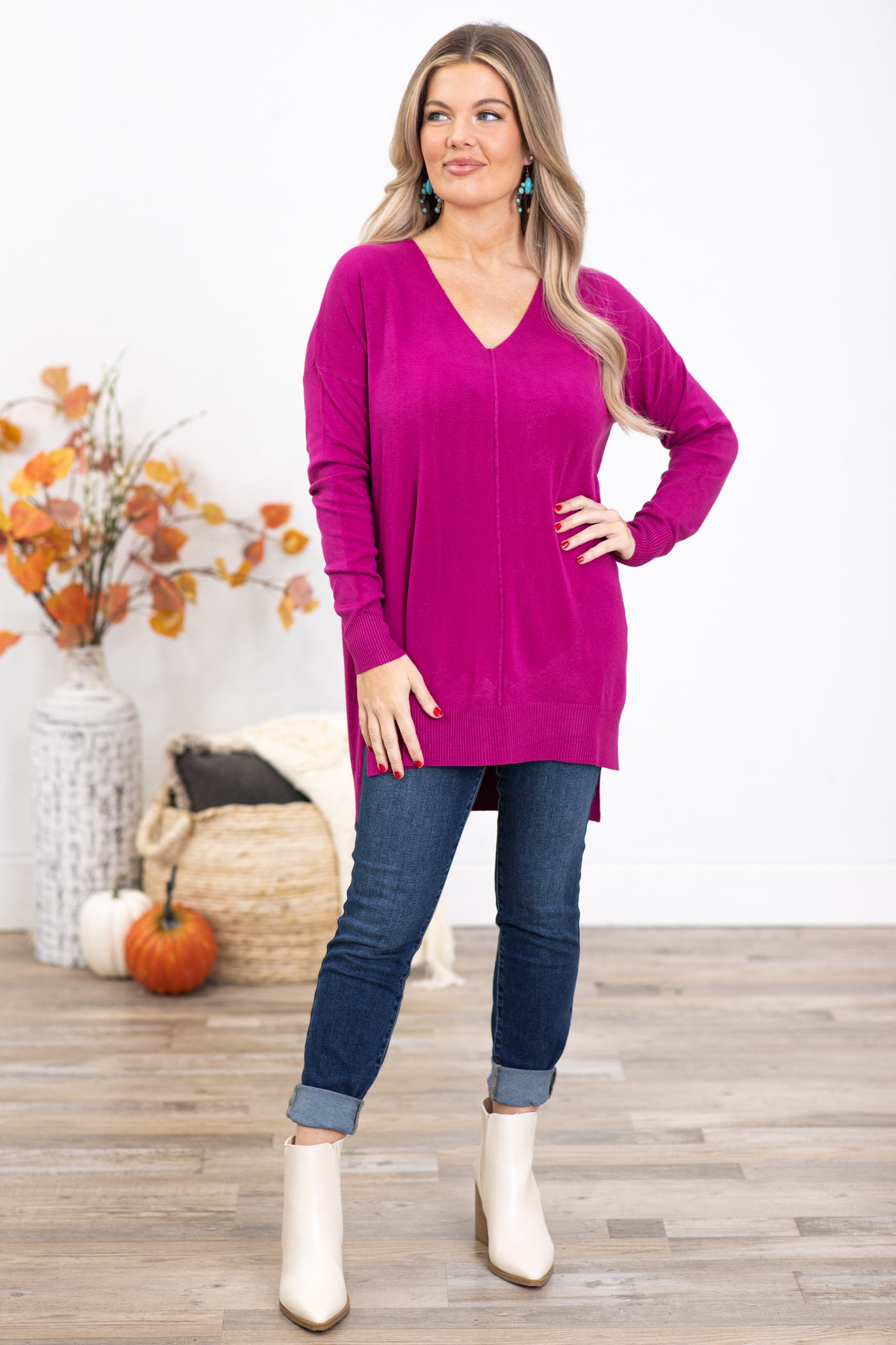 Fuchsia V-Neck Lightweight Sweater