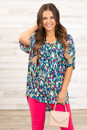 Teal and Yellow Multicolor Abstract Print Top - Filly Flair