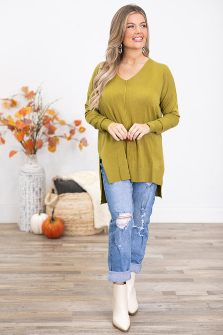 Light Olive V-Neck Lightweight Sweater