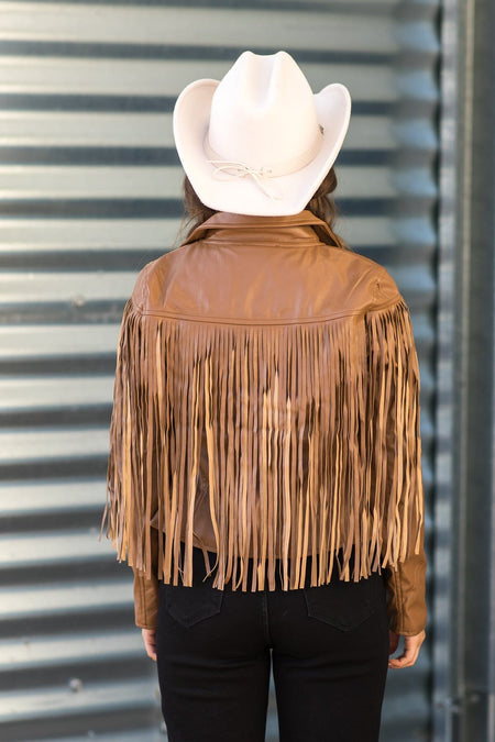 Mocha Faux Leather Jacket With Fringe - Filly Flair