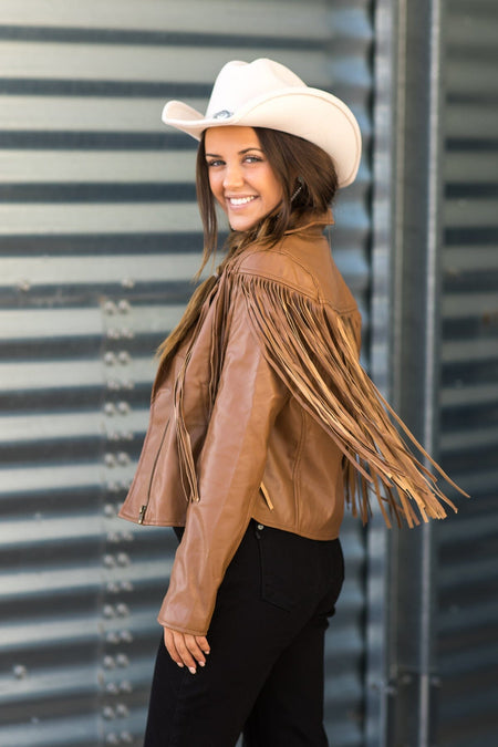 Mocha Faux Leather Jacket With Fringe - Filly Flair