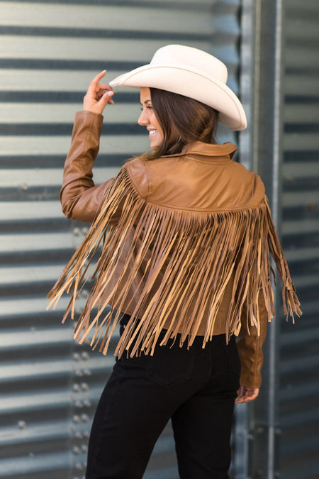 Mocha Faux Leather Jacket With Fringe - Filly Flair