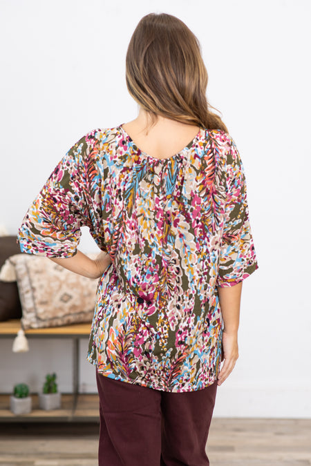 Olive Multicolor Floral Print Top