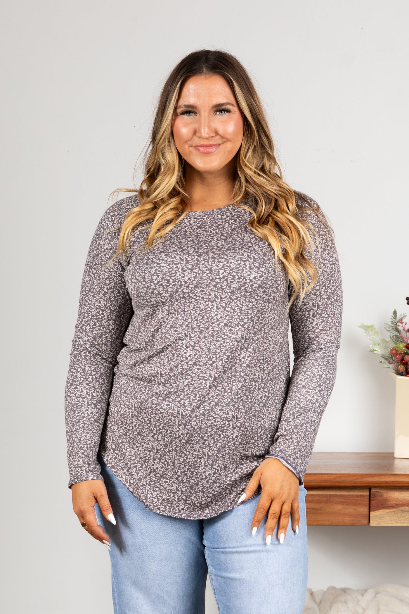 Mauve Ditsy Floral Soft Knit Long Sleeve Top