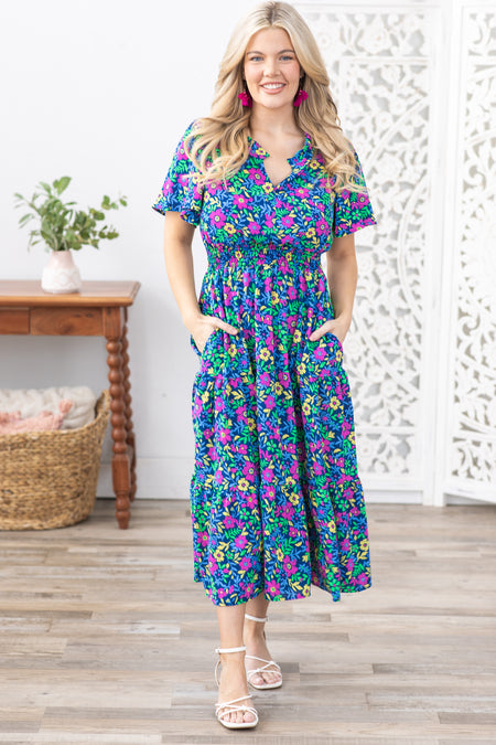 Navy Floral Notch Neck Short Sleeve Dress