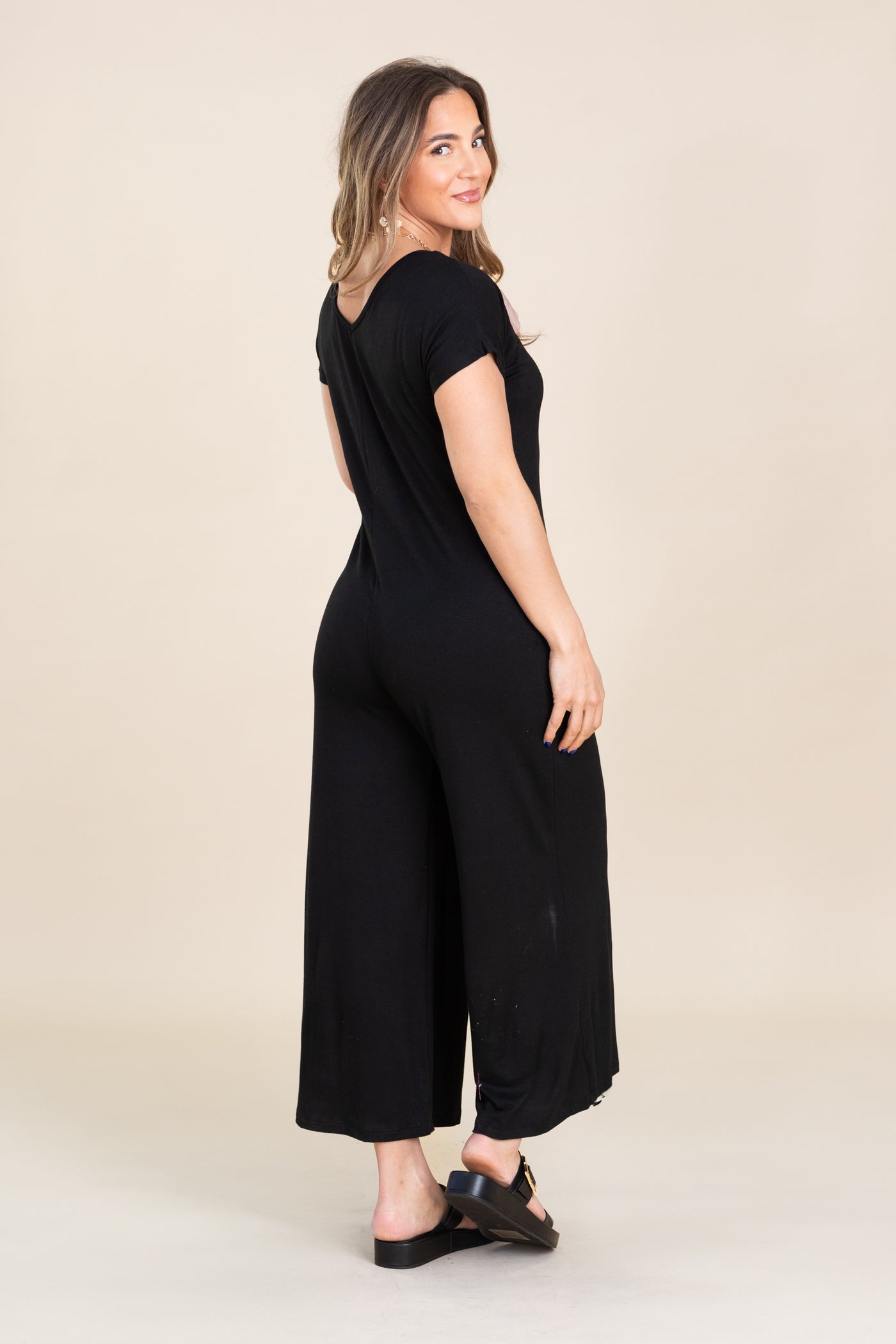 Black Short Sleeve Jumpsuit With Pockets