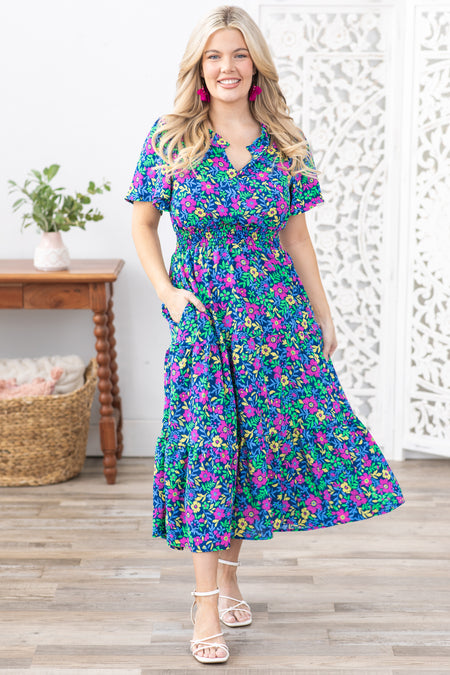 Navy Floral Notch Neck Short Sleeve Dress