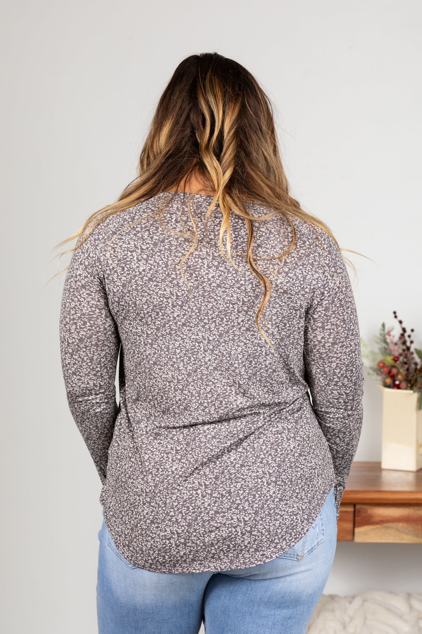 Mauve Ditsy Floral Soft Knit Long Sleeve Top