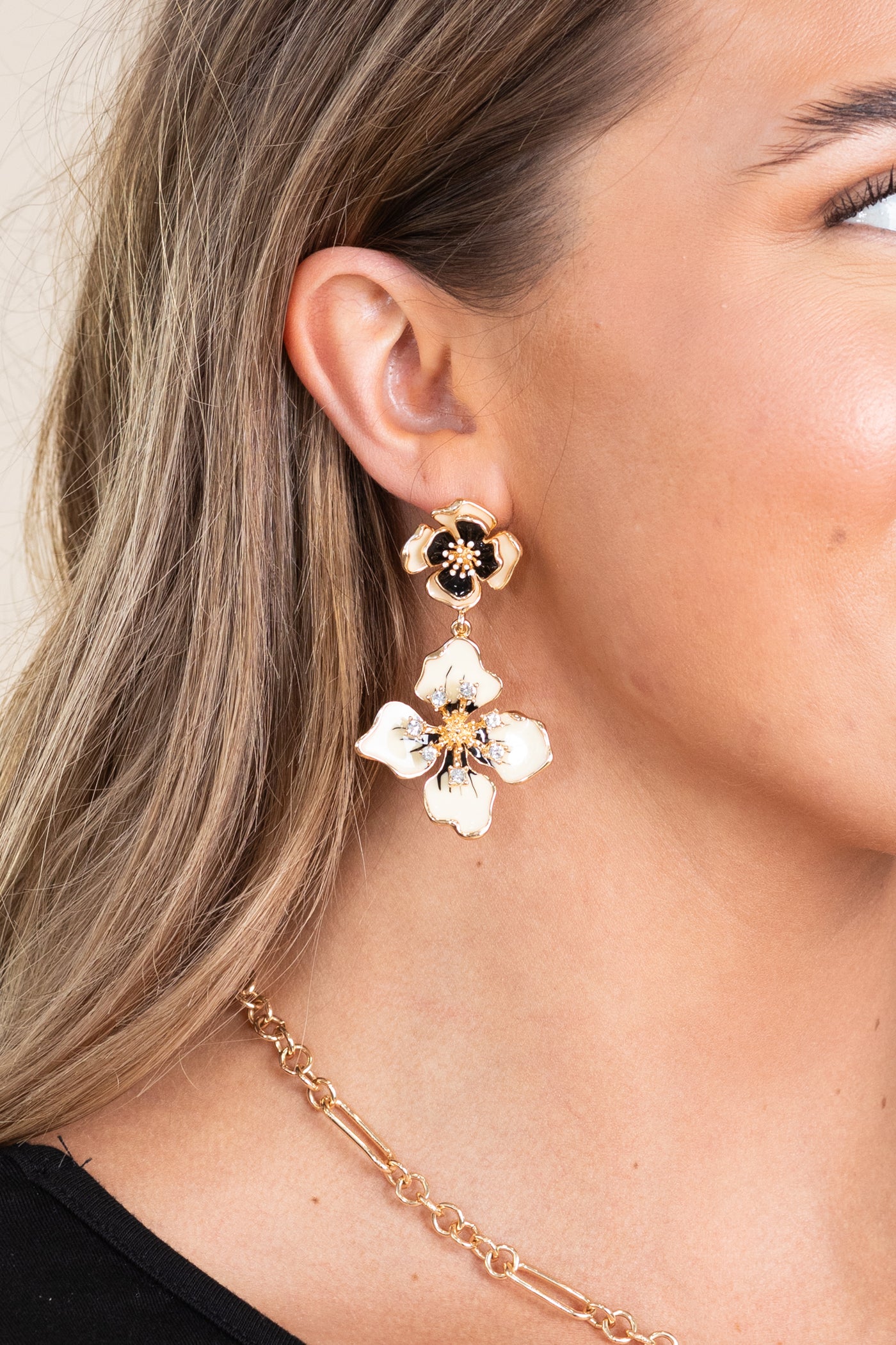 Ivory And Black Flower Drop Earrings