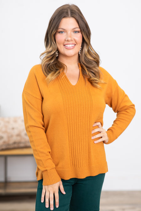 Dark Mustard Notch Neck Center Seam Sweater