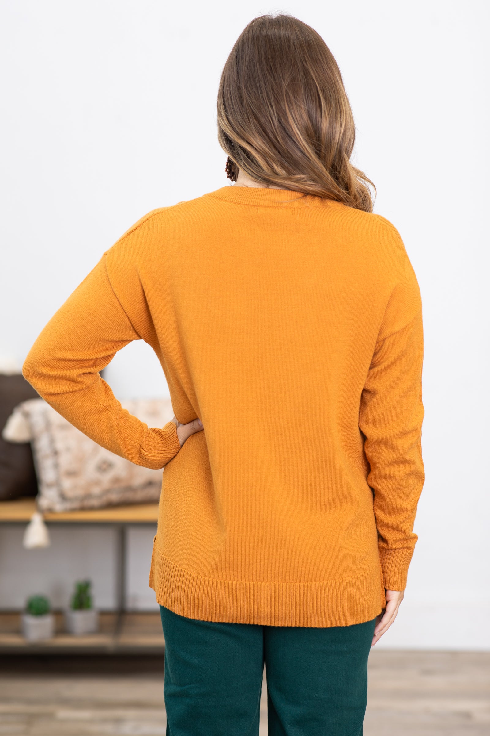 Dark Mustard Notch Neck Center Seam Sweater Filly Flair