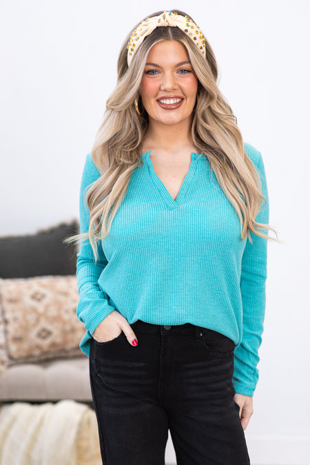 Teal Melange Baby Waffle V-Neck Knit Top