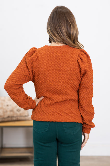 Burnt Orange Textured Long Sleeve Top